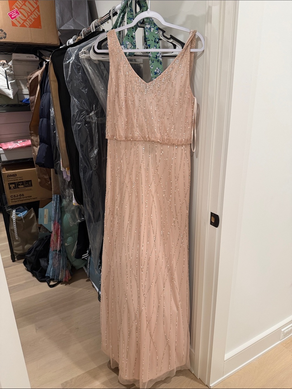 Adrianna Papell Beaded Blush Pink V-Neck Maxi Gown